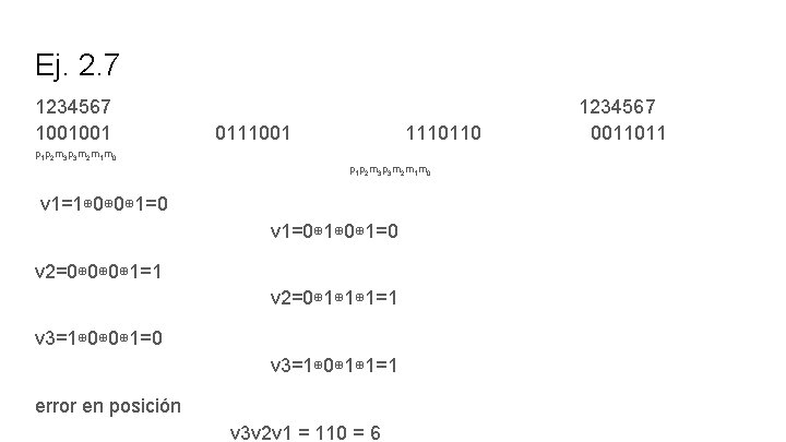 Ej. 2. 7 1234567 1001001 0111001 1110110 p 1 p 2 m 3 p