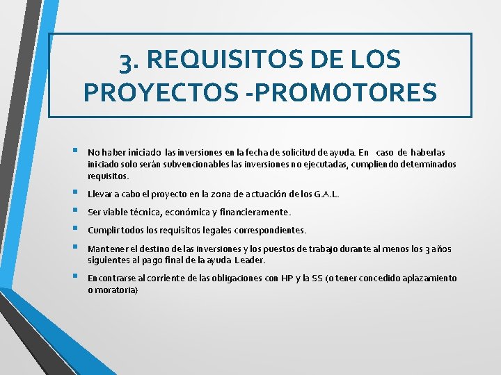 3. REQUISITOS DE LOS PROYECTOS -PROMOTORES § No haber iniciado las inversiones en la