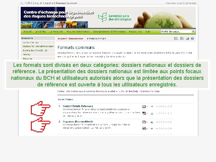 Les formats sont divisés en deux catégories: dossiers nationaux et dossiers de référence. La