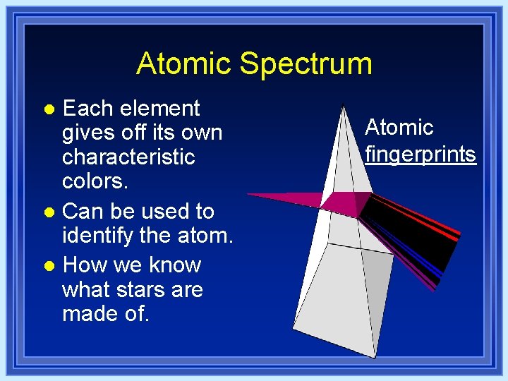 Atomic Spectrum Each element gives off its own characteristic colors. l Can be used Atomic Spectrum Each element gives off its own characteristic colors. l Can be used