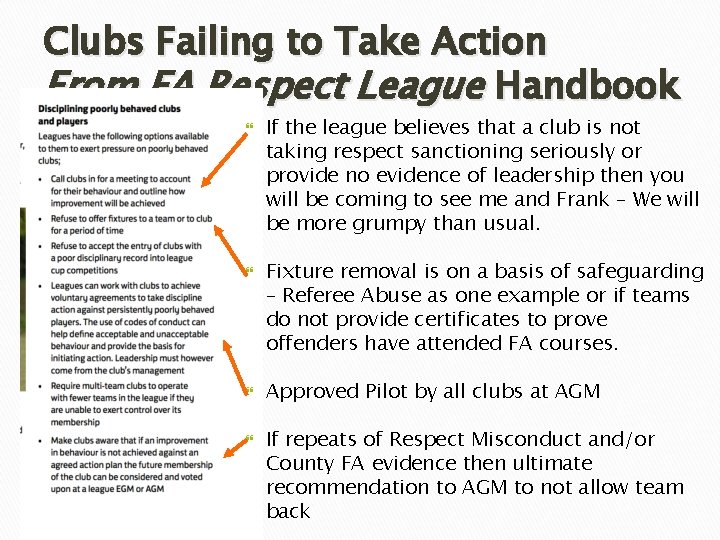 Clubs Failing to Take Action From FA Respect League Handbook If the league believes Clubs Failing to Take Action From FA Respect League Handbook If the league believes