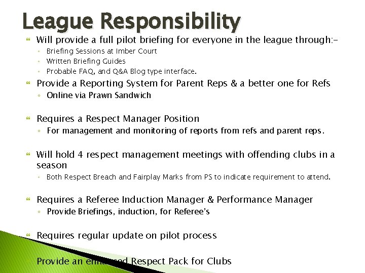 League Responsibility Will provide a full pilot briefing for everyone in the league through: League Responsibility Will provide a full pilot briefing for everyone in the league through: