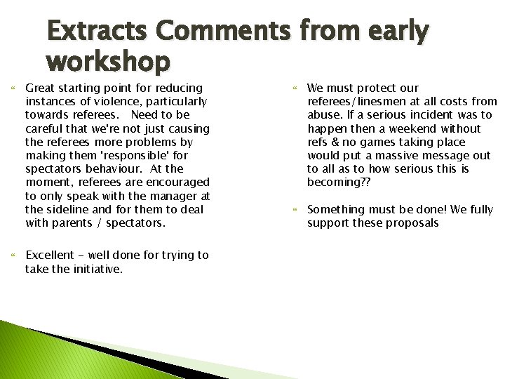 Extracts Comments from early workshop Great starting point for reducing instances of violence, particularly Extracts Comments from early workshop Great starting point for reducing instances of violence, particularly