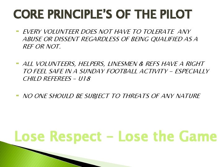 CORE PRINCIPLE’S OF THE PILOT EVERY VOLUNTEER DOES NOT HAVE TO TOLERATE ANY ABUSE CORE PRINCIPLE’S OF THE PILOT EVERY VOLUNTEER DOES NOT HAVE TO TOLERATE ANY ABUSE
