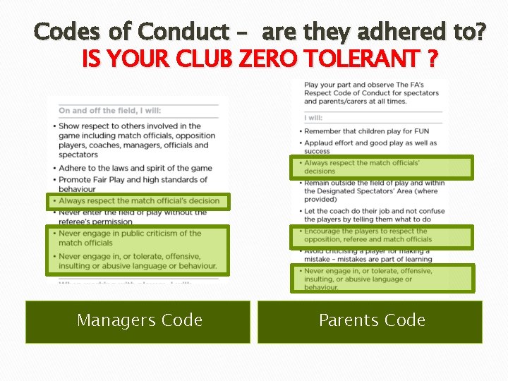 Codes of Conduct – are they adhered to? IS YOUR CLUB ZERO TOLERANT ? Codes of Conduct – are they adhered to? IS YOUR CLUB ZERO TOLERANT ?