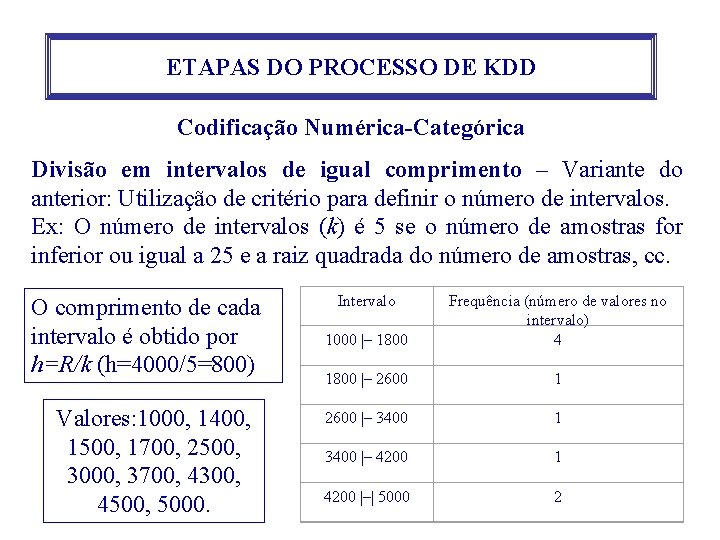 ETAPAS DO PROCESSO DE KDD Codificação Numérica-Categórica Divisão em intervalos de igual comprimento – ETAPAS DO PROCESSO DE KDD Codificação Numérica-Categórica Divisão em intervalos de igual comprimento –