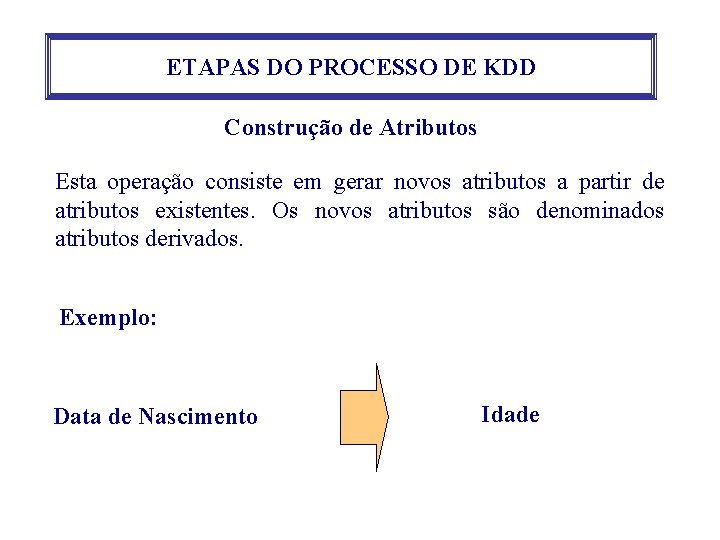 ETAPAS DO PROCESSO DE KDD Construção de Atributos Esta operação consiste em gerar novos ETAPAS DO PROCESSO DE KDD Construção de Atributos Esta operação consiste em gerar novos