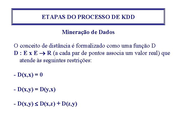 ETAPAS DO PROCESSO DE KDD Mineração de Dados O conceito de distância é formalizado ETAPAS DO PROCESSO DE KDD Mineração de Dados O conceito de distância é formalizado