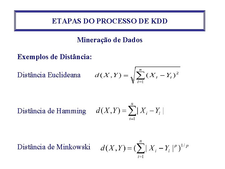 ETAPAS DO PROCESSO DE KDD Mineração de Dados Exemplos de Distância: Distância Euclideana Distância ETAPAS DO PROCESSO DE KDD Mineração de Dados Exemplos de Distância: Distância Euclideana Distância