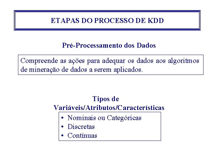 ETAPAS DO PROCESSO DE KDD Pré-Processamento dos Dados Compreende as ações para adequar os ETAPAS DO PROCESSO DE KDD Pré-Processamento dos Dados Compreende as ações para adequar os
