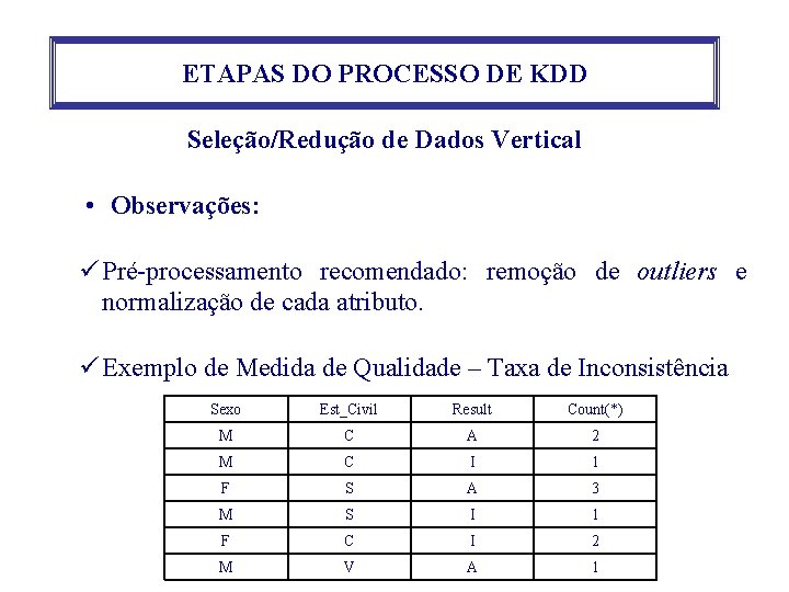 ETAPAS DO PROCESSO DE KDD Seleção/Redução de Dados Vertical • Observações: ü Pré-processamento recomendado: ETAPAS DO PROCESSO DE KDD Seleção/Redução de Dados Vertical • Observações: ü Pré-processamento recomendado: