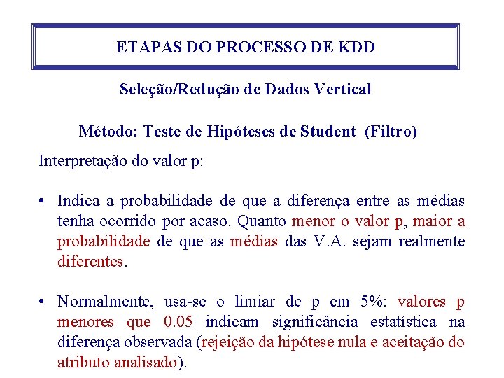 ETAPAS DO PROCESSO DE KDD Seleção/Redução de Dados Vertical Método: Teste de Hipóteses de ETAPAS DO PROCESSO DE KDD Seleção/Redução de Dados Vertical Método: Teste de Hipóteses de