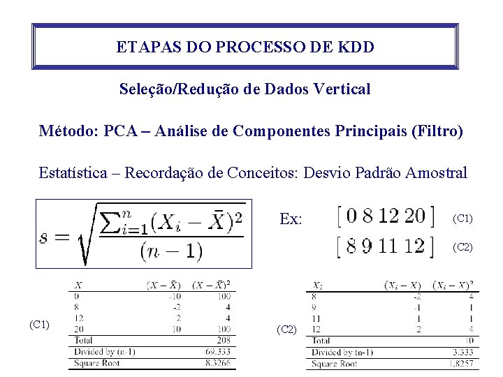 ETAPAS DO PROCESSO DE KDD Seleção/Redução de Dados Vertical Método: PCA – Análise de ETAPAS DO PROCESSO DE KDD Seleção/Redução de Dados Vertical Método: PCA – Análise de