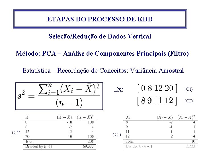 ETAPAS DO PROCESSO DE KDD Seleção/Redução de Dados Vertical Método: PCA – Análise de ETAPAS DO PROCESSO DE KDD Seleção/Redução de Dados Vertical Método: PCA – Análise de