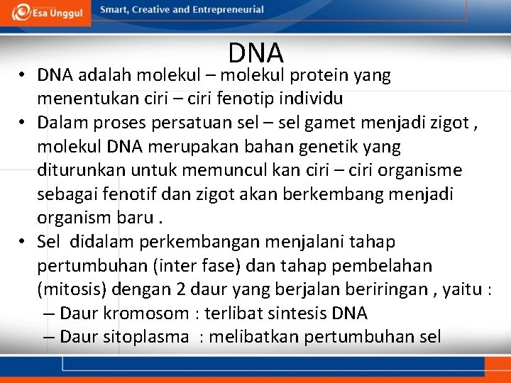 DNA • DNA adalah molekul – molekul protein yang menentukan ciri – ciri fenotip