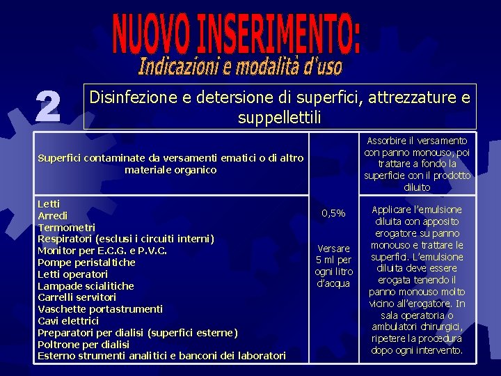 2 Disinfezione e detersione di superfici, attrezzature e suppellettili Assorbire il versamento con panno