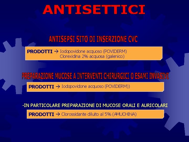Iodopovidone acquoso (POVIDERM) PRODOTTI Clorexidina 2% acquosa (galenico) Iodopovidone acquoso (POVIDERM)) PRODOTTI -IN PARTICOLARE