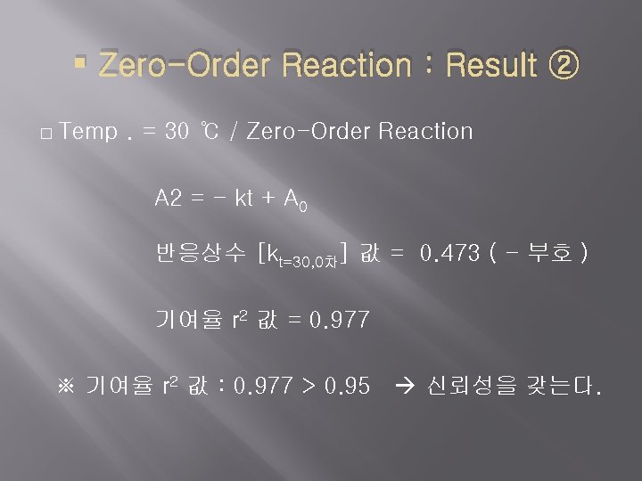  Zero-Order Reaction : Result ② � Temp . = 30 ℃ / Zero-Order