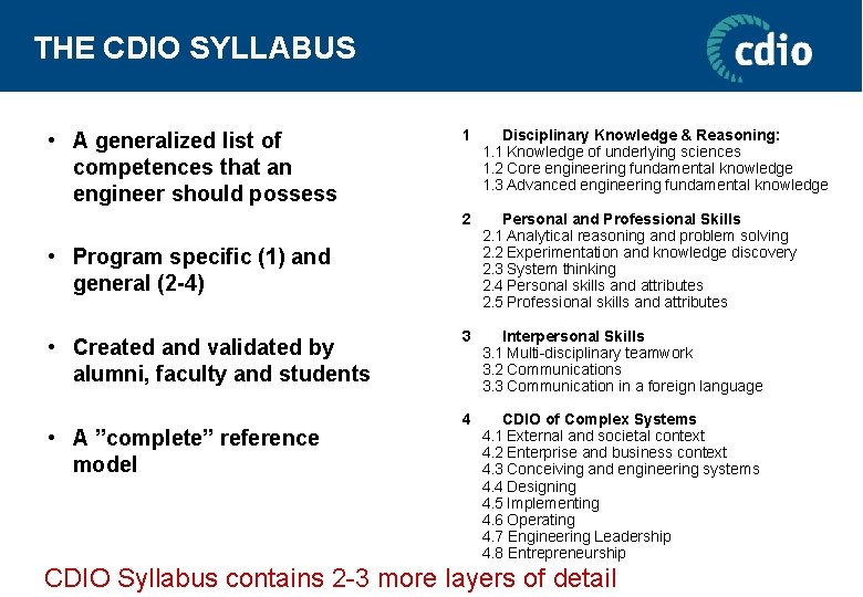 THE CDIO SYLLABUS • A generalized list of competences that an engineer should possess