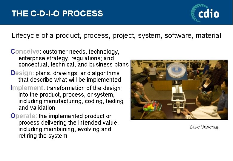 THE C-D-I-O PROCESS Lifecycle of a product, process, project, system, software, material Conceive: customer