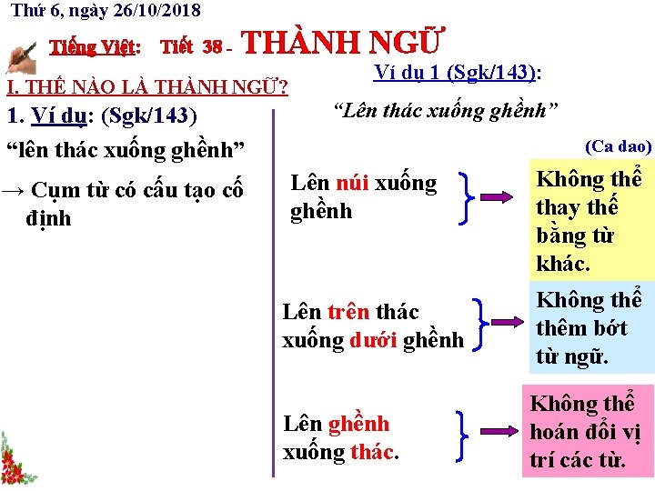 Thứ 6, ngày 26/10/2018 Tiếng Việt: Tiết 38 - THÀNH NGỮ I. THẾ NÀO Thứ 6, ngày 26/10/2018 Tiếng Việt: Tiết 38 - THÀNH NGỮ I. THẾ NÀO
