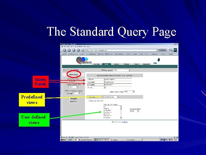 The Standard Query Page Query Fields Predefined views User defined views 