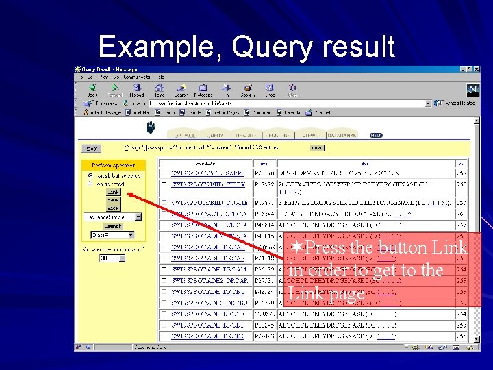 Example, Query result ¬Press the button Link in order to get to the Link