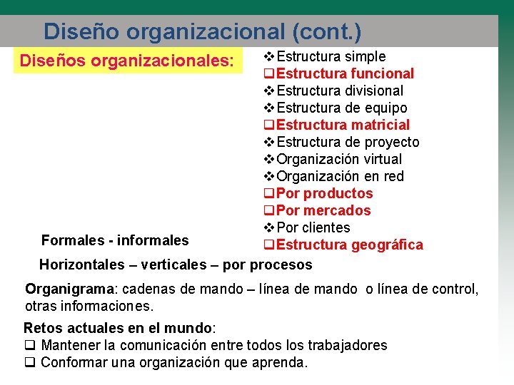 Diseño organizacional (cont. ) v. Estructura simple q. Estructura funcional v. Estructura divisional v.
