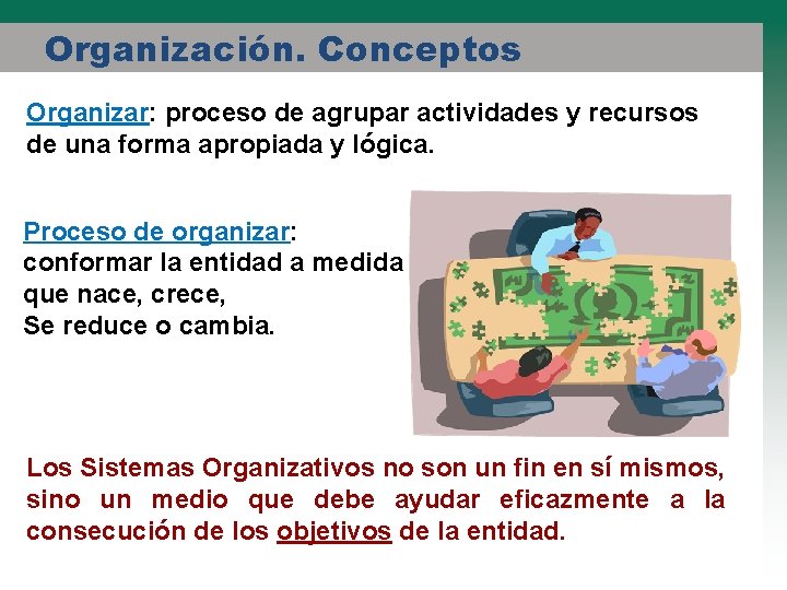 Organización. Conceptos Organizar: proceso de agrupar actividades y recursos de una forma apropiada y