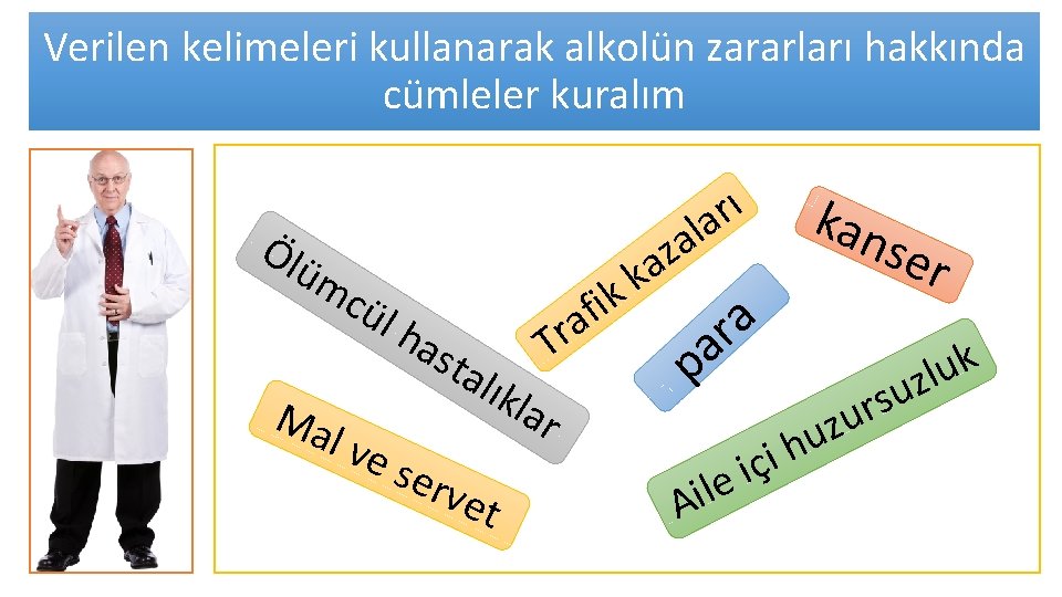 Verilen kelimeleri kullanarak alkolün zararları hakkında cümleler kuralım Ölü mc kan ser a z