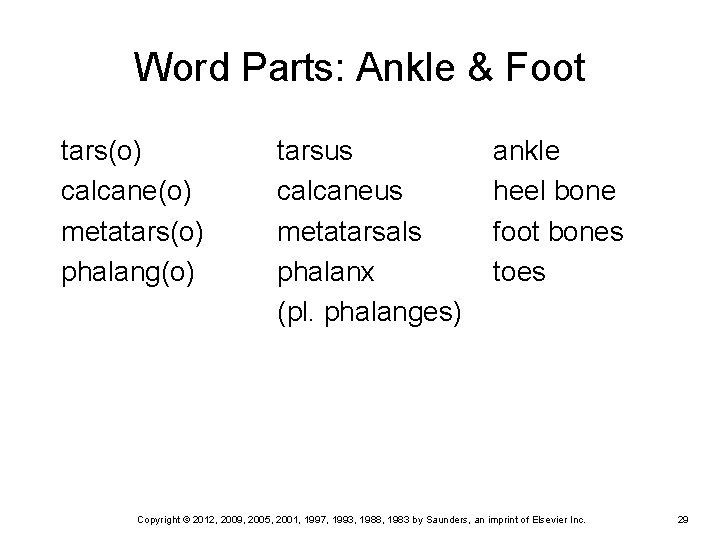 Word Parts: Ankle & Foot tars(o) calcane(o) metatars(o) phalang(o) tarsus calcaneus metatarsals phalanx (pl. Word Parts: Ankle & Foot tars(o) calcane(o) metatars(o) phalang(o) tarsus calcaneus metatarsals phalanx (pl.
