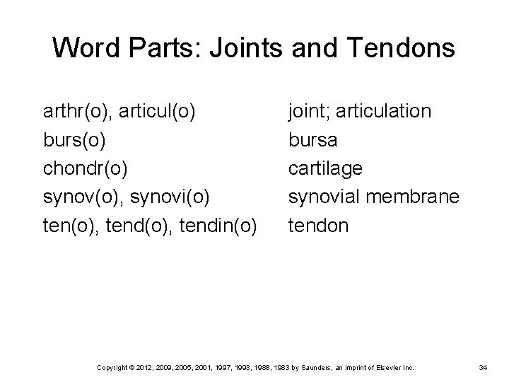 Word Parts: Joints and Tendons arthr(o), articul(o) burs(o) chondr(o) synov(o), synovi(o) ten(o), tendin(o) joint; Word Parts: Joints and Tendons arthr(o), articul(o) burs(o) chondr(o) synov(o), synovi(o) ten(o), tendin(o) joint;