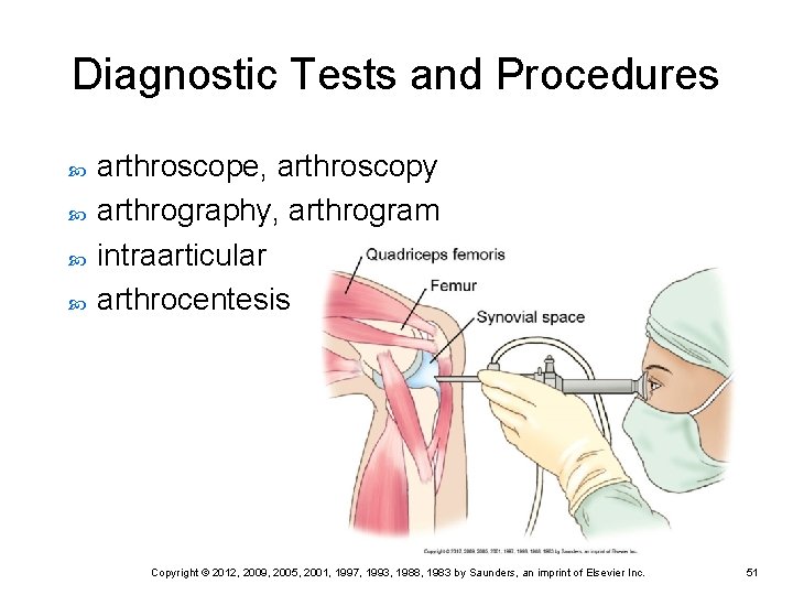Diagnostic Tests and Procedures arthroscope, arthroscopy arthrography, arthrogram intraarticular arthrocentesis Copyright © 2012, 2009, Diagnostic Tests and Procedures arthroscope, arthroscopy arthrography, arthrogram intraarticular arthrocentesis Copyright © 2012, 2009,