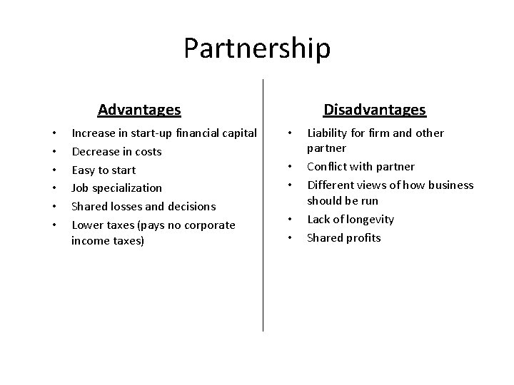 Partnership Advantages • • • Increase in start-up financial capital Decrease in costs Easy