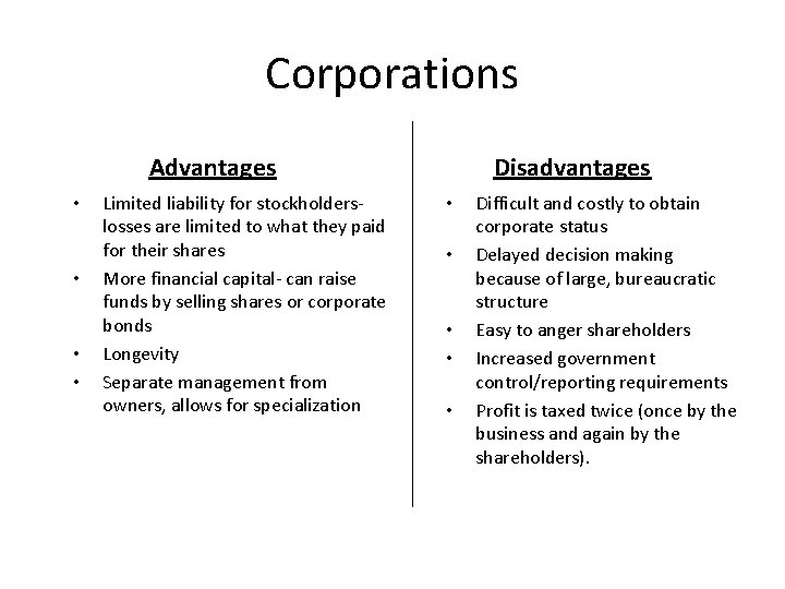 Corporations Advantages • • Limited liability for stockholderslosses are limited to what they paid