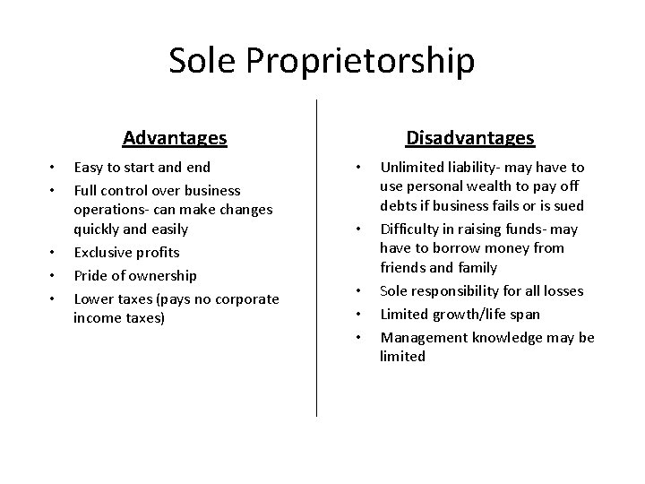 Sole Proprietorship Advantages • • • Easy to start and end Full control over