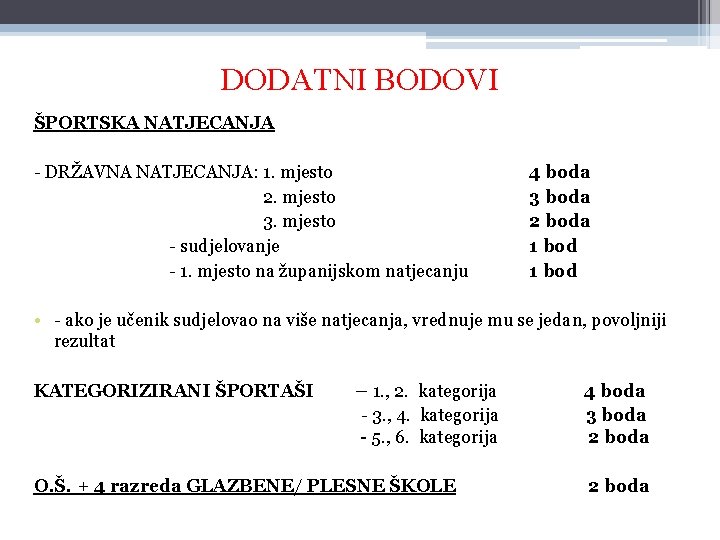 DODATNI BODOVI ŠPORTSKA NATJECANJA - DRŽAVNA NATJECANJA: 1. mjesto 4 boda 2. mjesto 3