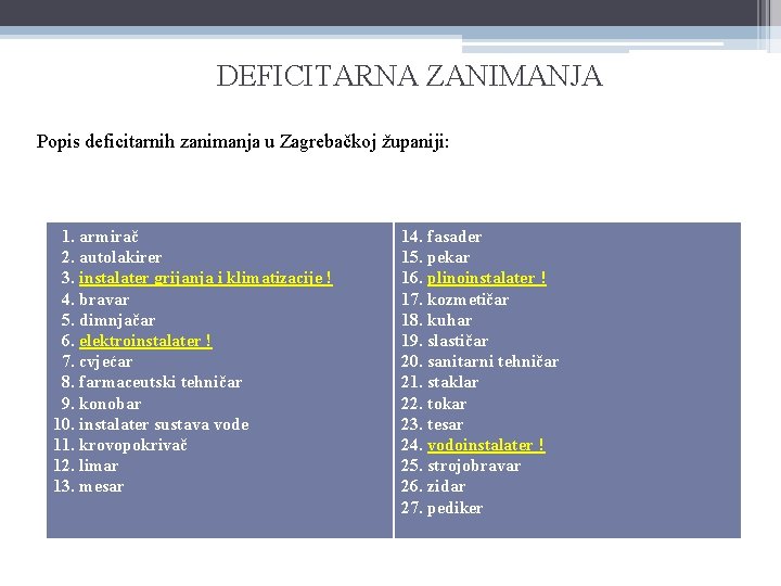 DEFICITARNA ZANIMANJA Popis deficitarnih zanimanja u Zagrebačkoj županiji: 1. armirač 2. autolakirer 3. instalater