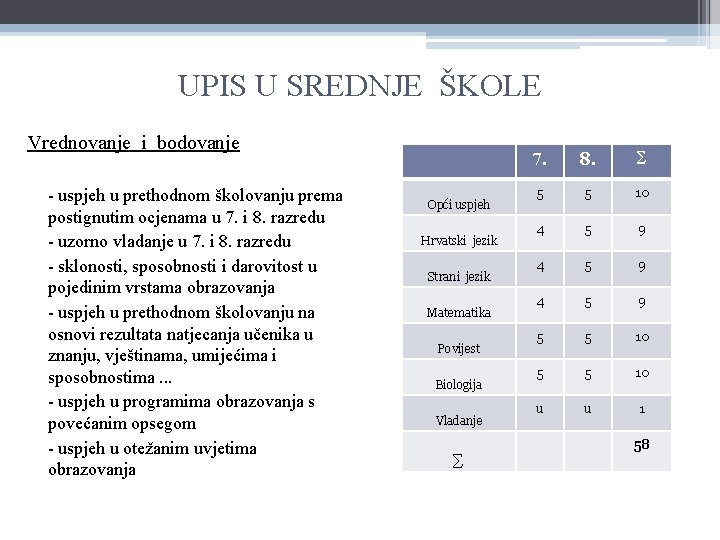 UPIS U SREDNJE ŠKOLE Vrednovanje i bodovanje - uspjeh u prethodnom školovanju prema postignutim