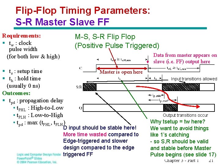 Flip-Flop Timing Parameters: S-R Master Slave FF Requirements: § tw : clock pulse width