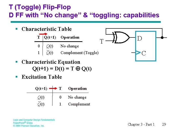 T (Toggle) Flip-Flop D FF with “No change” & “toggling: capabilities § Characteristic Table