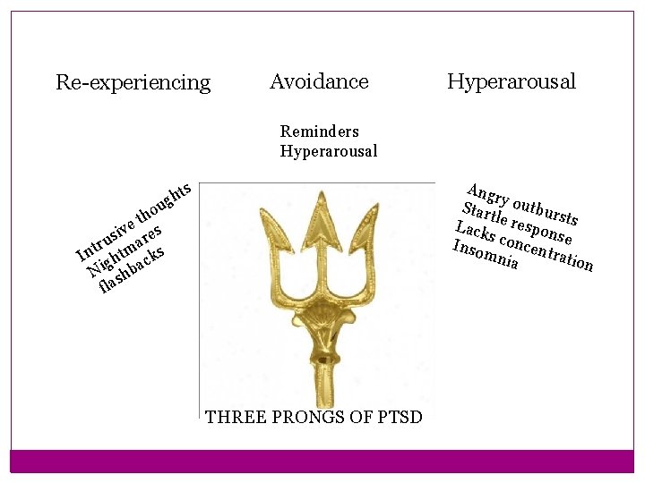 Re-experiencing Avoidance Hyperarousal Reminders Hyperarousal ts h ug ho t ive res s ru