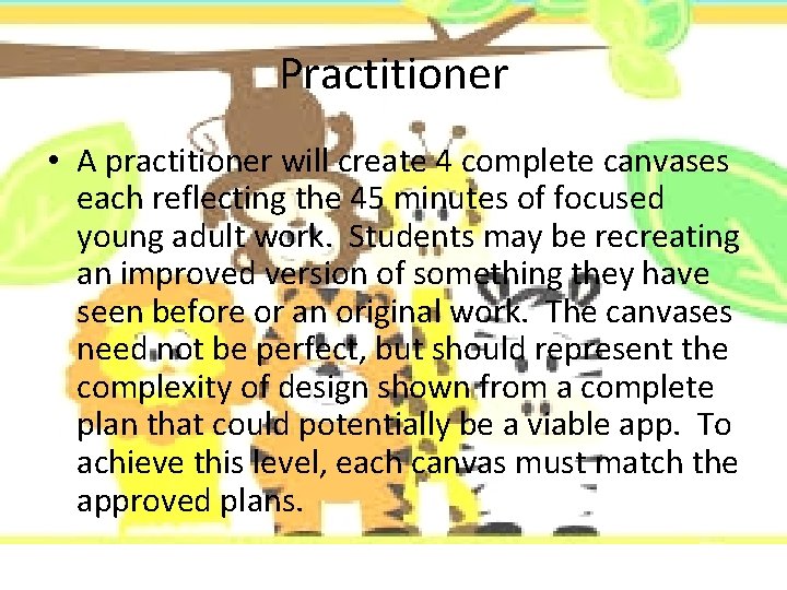Practitioner • A practitioner will create 4 complete canvases each reflecting the 45 minutes