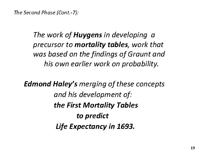 The Second Phase (Cont. -7): The work of Huygens in developing a precursor to