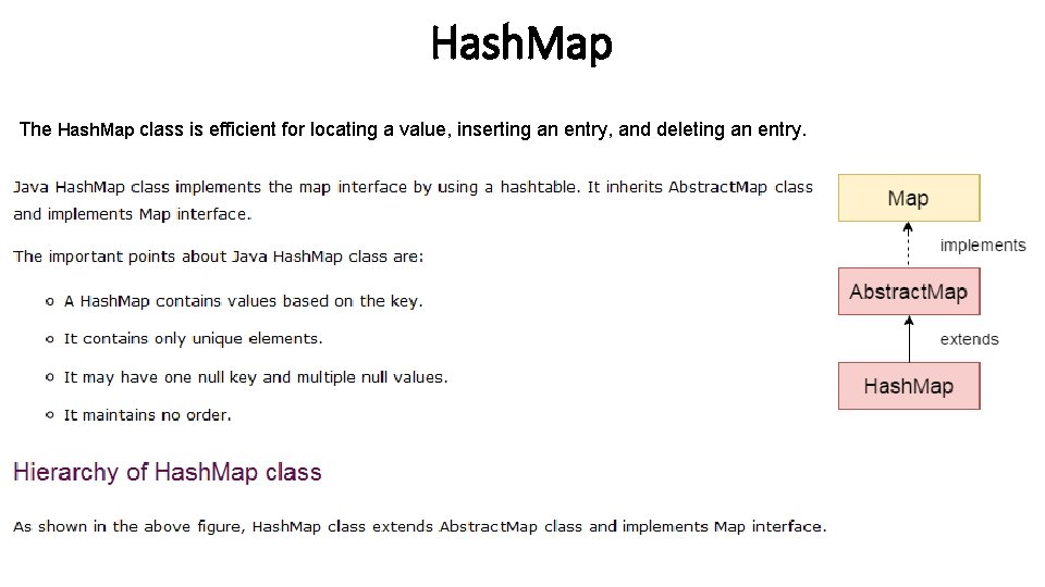 Hash. Map The Hash. Map class is efficient for locating a value, inserting an