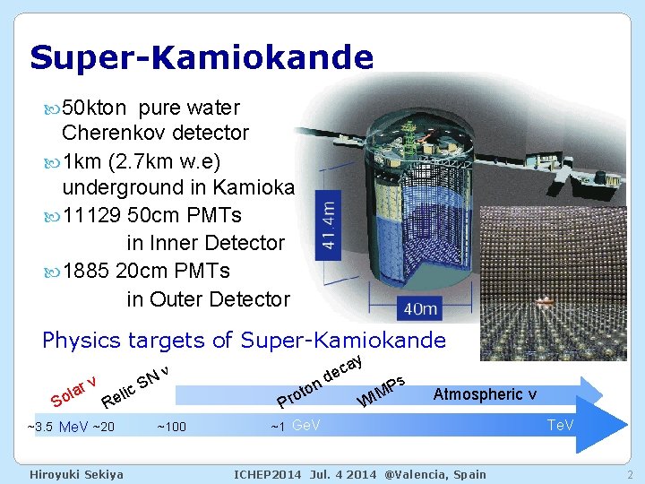 Super-Kamiokande 50 kton pure water Cherenkov detector 1 km (2. 7 km w. e)