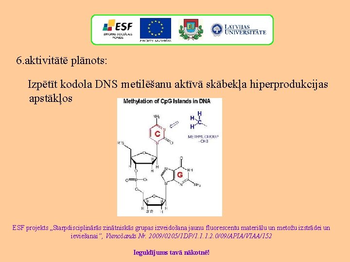 6. aktivitātē plānots: Izpētīt kodola DNS metilēšanu aktīvā skābekļa hiperprodukcijas apstākļos ESF projekts „Starpdisciplinārās