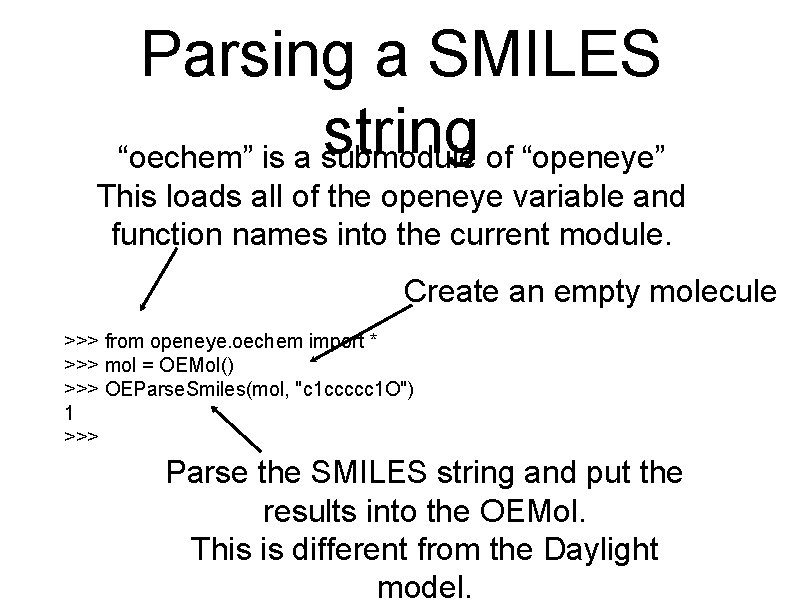 Parsing a SMILES string “oechem” is a submodule of “openeye” This loads all of