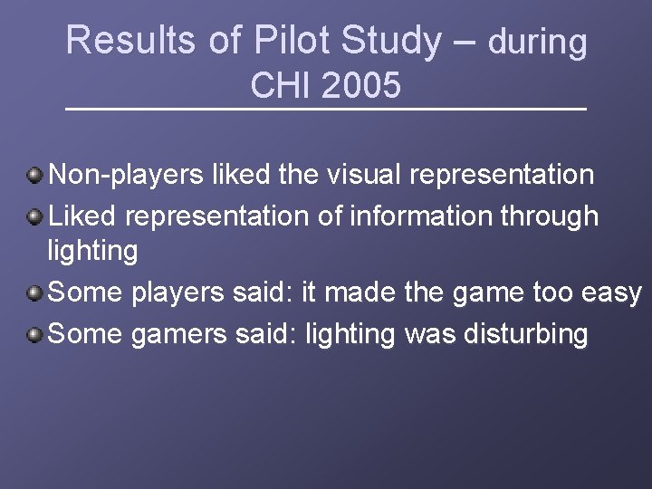 Results of Pilot Study – during CHI 2005 Non-players liked the visual representation Liked