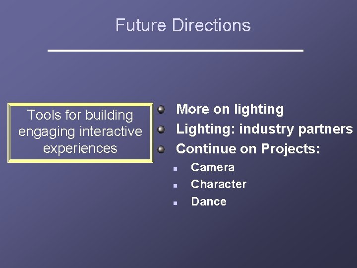 Future Directions Tools for building engaging interactive experiences More on lighting Lighting: industry partners